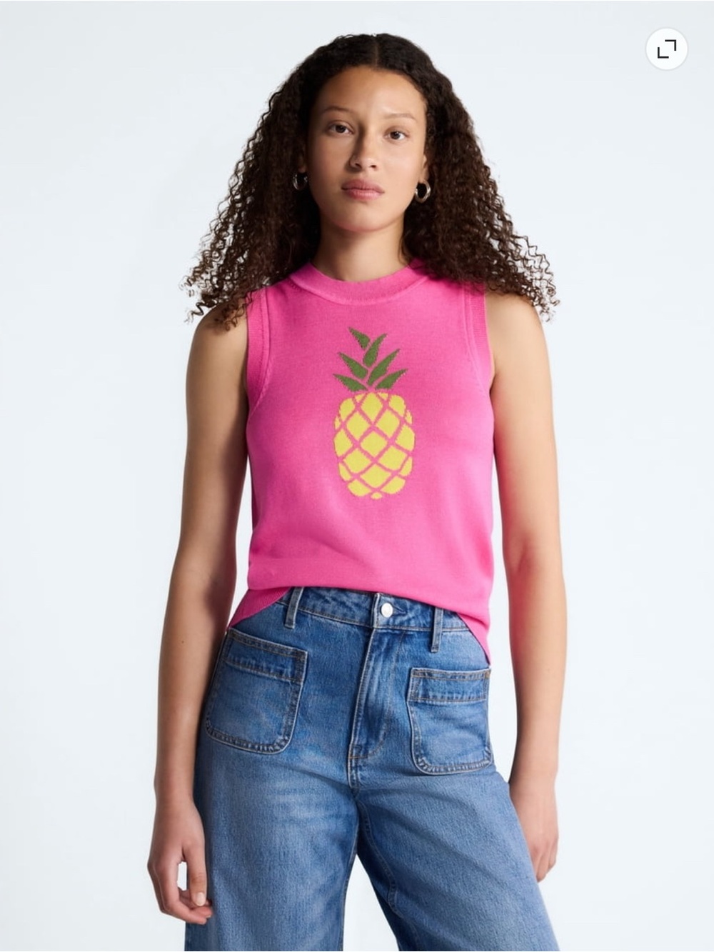 Free Assembly Pink Pineapple Sleeveless Graphic Sweater Top Coastal Beach Tropic